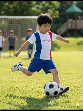 Kids' Short Sleeve Soccer SET - Tee with Blue & Red Panels and Shorts
